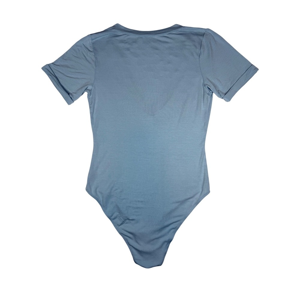 FREE PEOPLE Oh Me Oh My T-Shirt Bodysuit Blue Rolled Sleeve Deep V-Neck, Size S - Picture 3 of 8